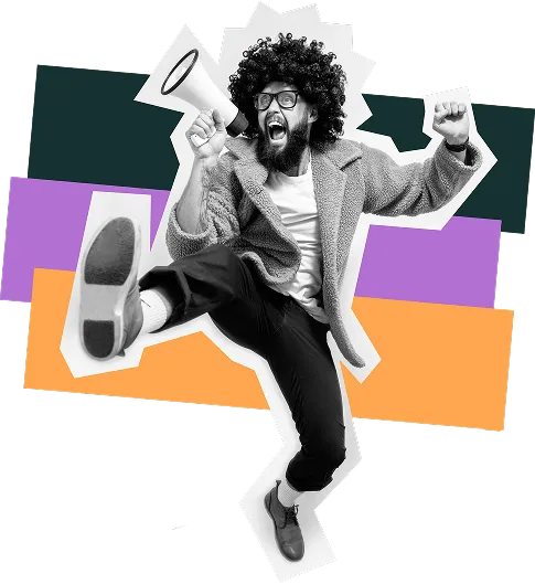 Un homme parle dans un mégaphone. Il a un bras et une jambe dans les airs.