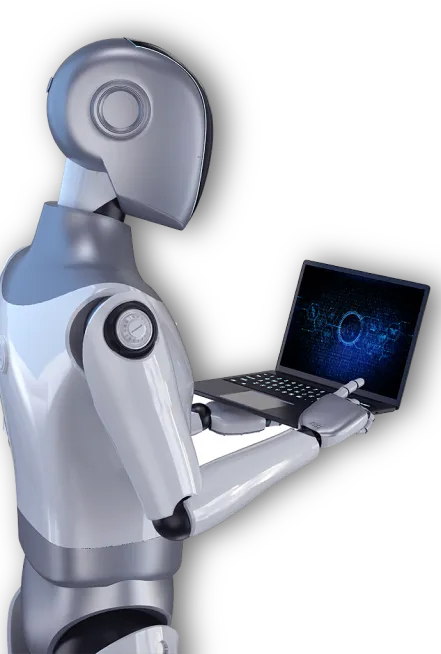 Un robot humanoïde qui contrôle un bras robotisé à l’aide d’un ordinateur portable.