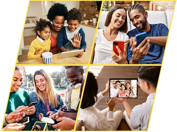 Quatre photos :  Une femme et deux enfants à table consultent une tablette. Deux jeunes sourient en regardant leur téléphone. Un groupe de jeunes rit en consultant leur téléphone. Deux personnes regardent une tablette.
