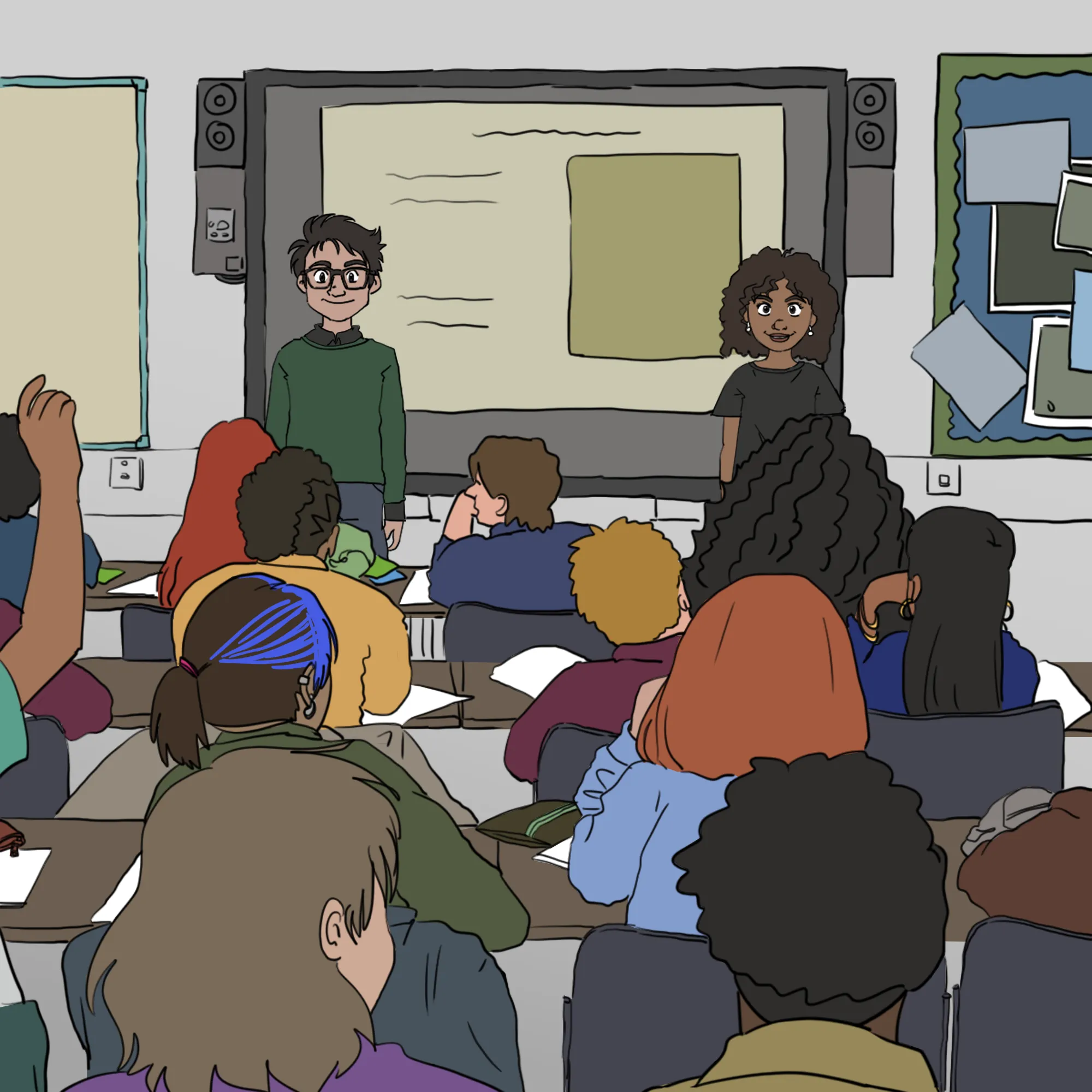 Asha et Malik sont dans une salle de classe. Ils sont debout devant un groupe d’élèves. Derrière eux, il y a un tableau sur lequel du texte illisible est affiché.