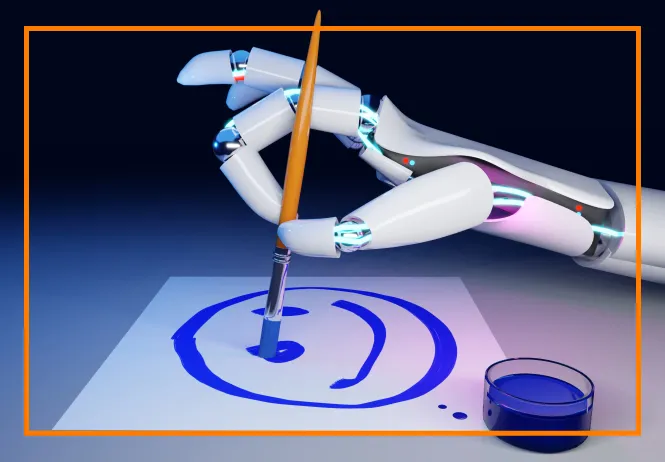 Une main robotisée tient un pinceau et trace avec de la peinture bleue un bonhomme sourire.