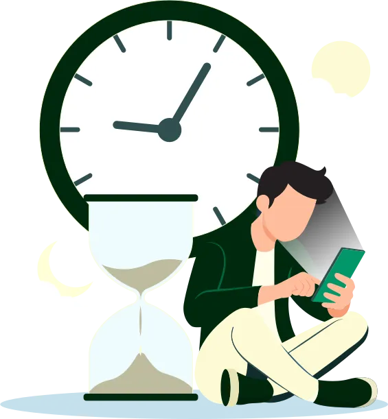 Un personnage tenant un cellulaire est assis près d’une horloge indiquant neuf heures cinq minutes. Il y a également un sablier.