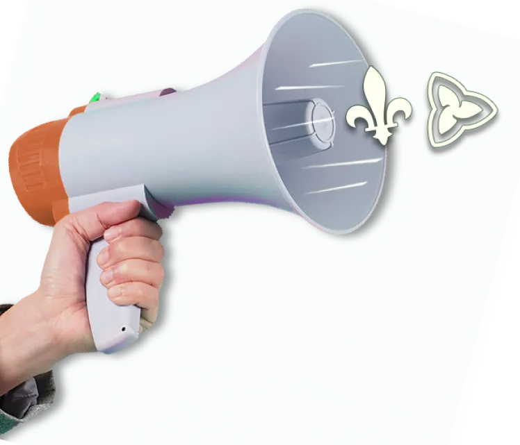 Un mégaphone duquel sort une fleur de lys et un trille blanc.