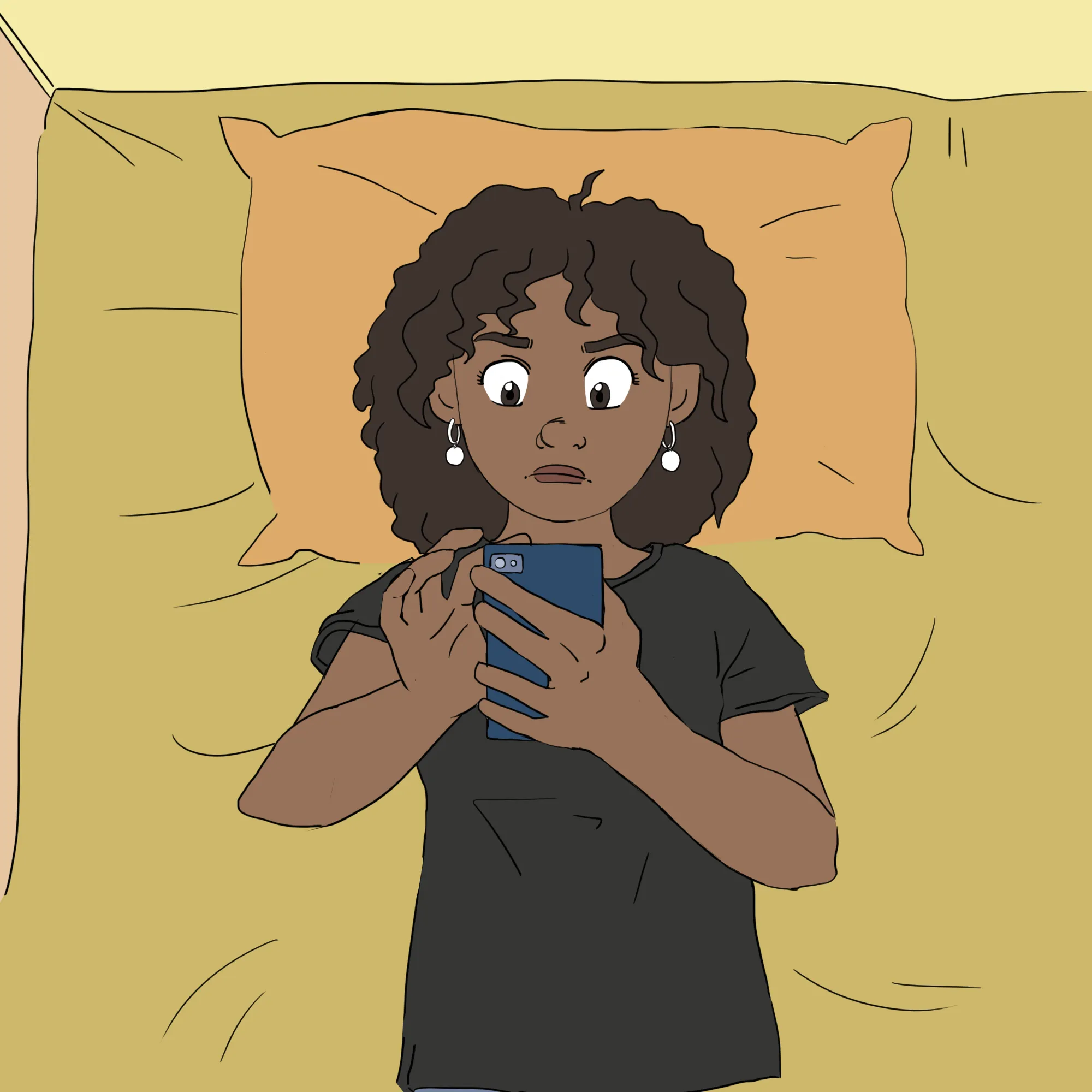 Asha est couchée sur son lit. Elle regarde son téléphone cellulaire.