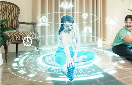 Une personne s’exerce en regardant un hologramme montrant une femme qui fait un étirement. Il y a plusieurs icônes autour de la femme de l’hologramme.