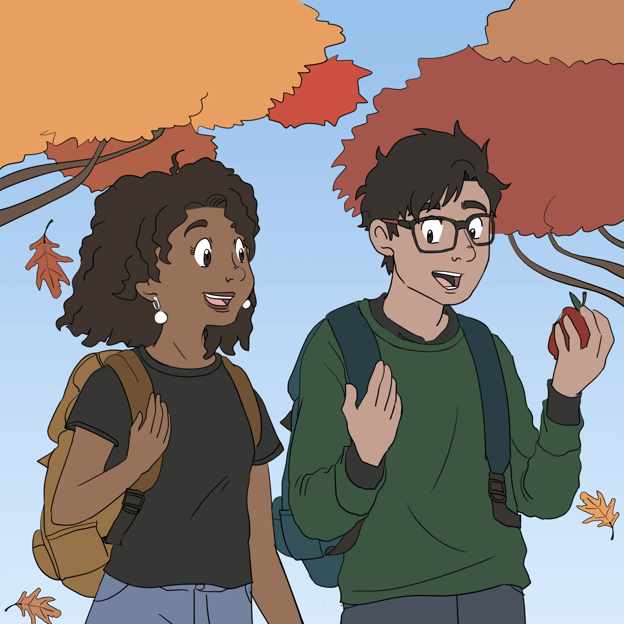 Asha et Malik marchent à l’extérieur et parlent ensemble. Il y a des feuilles d’arbres qui tombent autour d’eux.