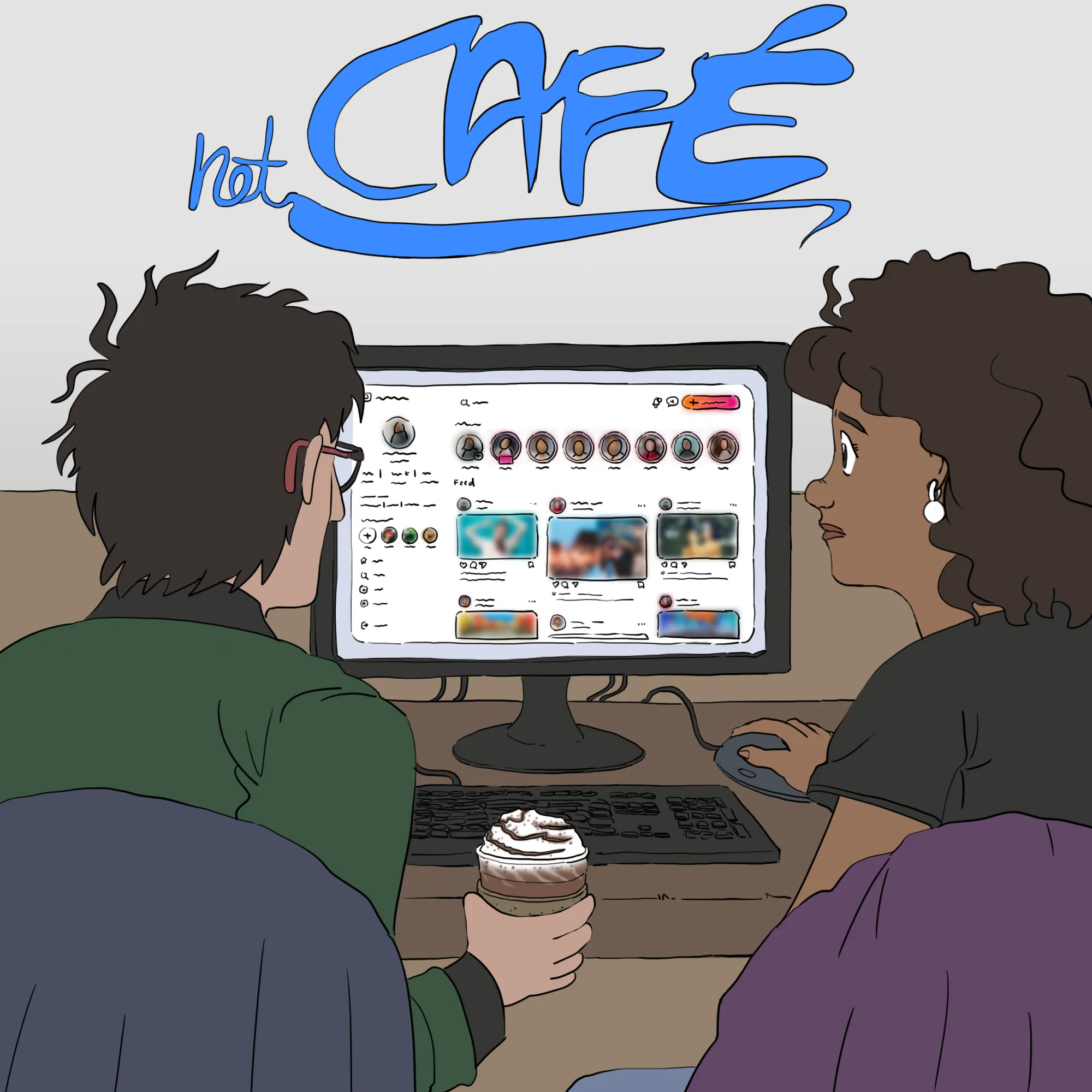 Asha et Malik sont dans un cybercafé dont le nom est « Net café ». Ils sont devant un ordinateur et consultent un site Web. Malik tient un chocolat chaud dans ses mains.