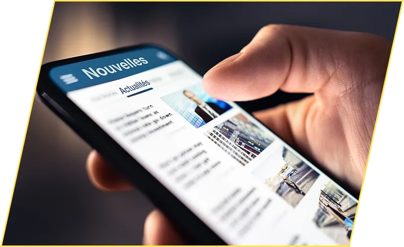 Un téléphone cellulaire tenu dans une main. Sur l’écran, il est écrit « Nouvelles – Actualités ». Il y a des photos et du texte illisible.