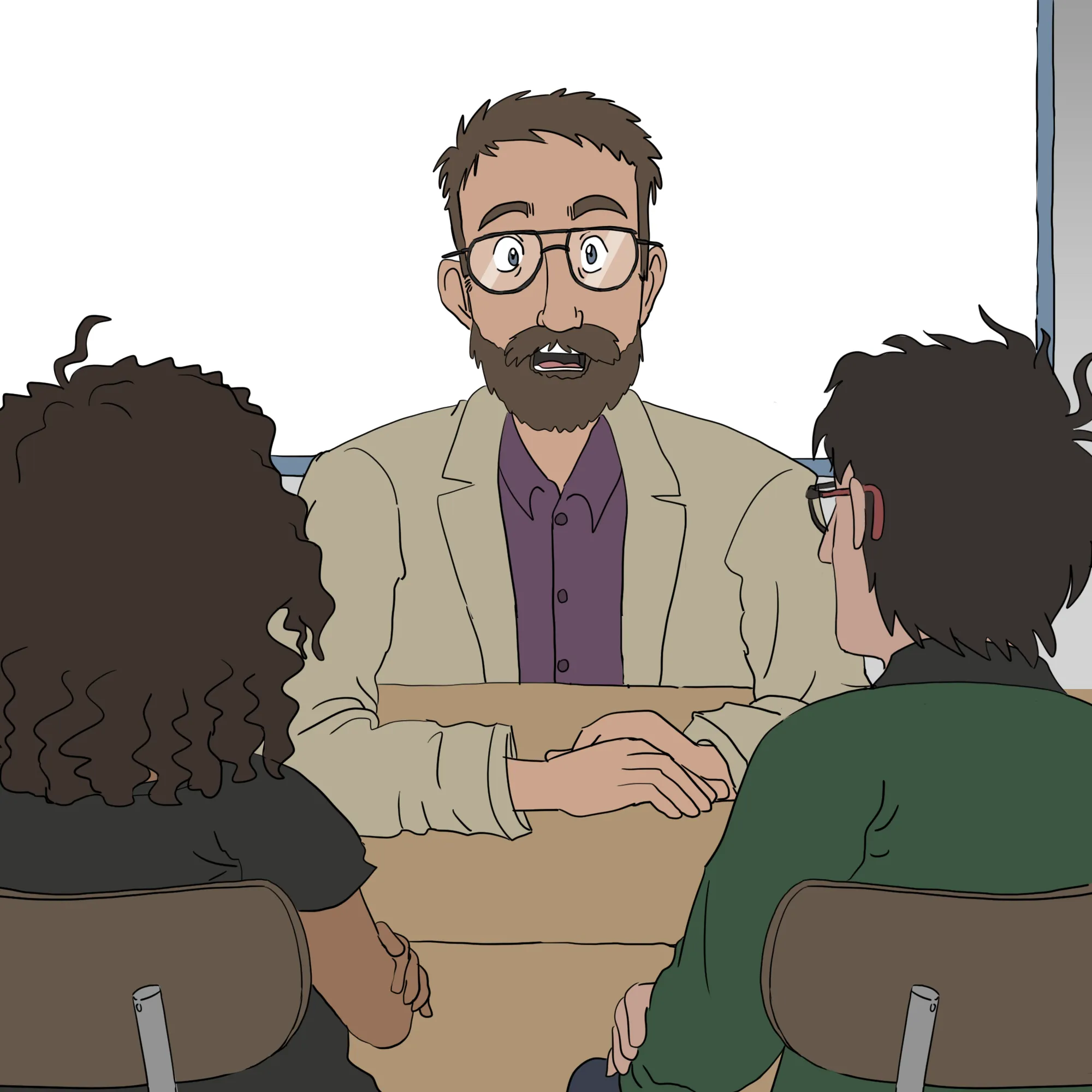 Asha et Malik sont assis devant un adulte. Il s’agit de monsieur Simon.