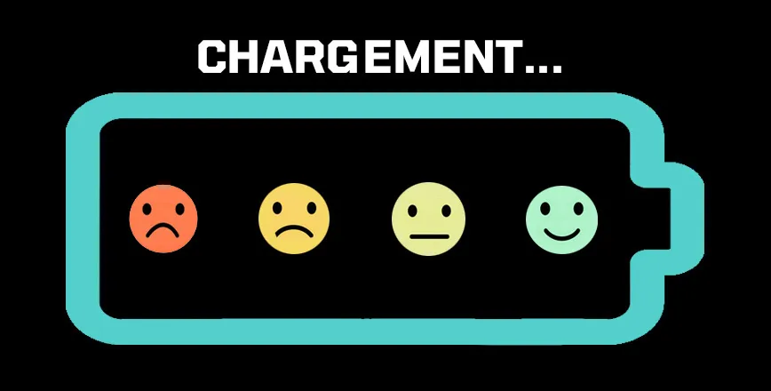 Une fenêtre contenant quatre émojis. Le premier est triste, le deuxième est moins triste, le troisième est neutre, le quatrième sourit. Au-dessus des émojis, il est écrit « Chargement… »