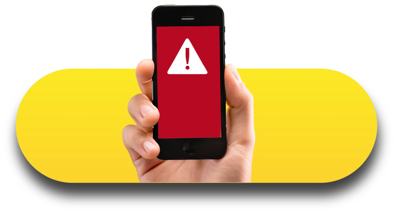 L’écran d’un téléphone cellulaire affiche un fond rouge sur lequel il y a un triangle blanc à l’intérieur duquel il y a un point d’exclamation rouge.