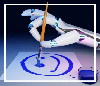 Une main robotisée tient un pinceau et trace avec de la peinture bleue un bonhomme sourire.