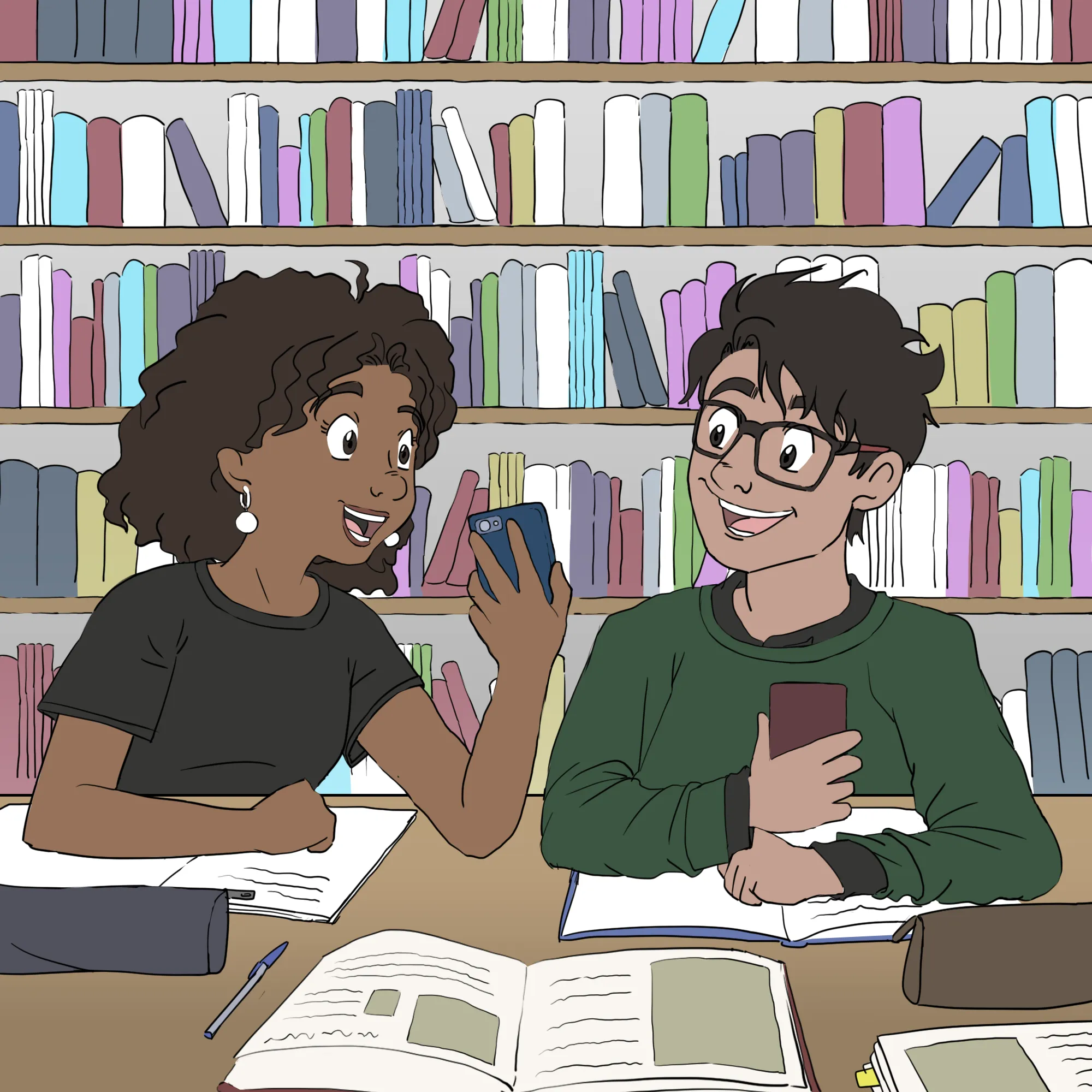 Asha et Malik, assis à une table de bibliothèque, entourés de livres, cahiers et crayons, montrent des téléphones portables. Asha montre son téléphone à Malik, qui tient le sien dans les mains.