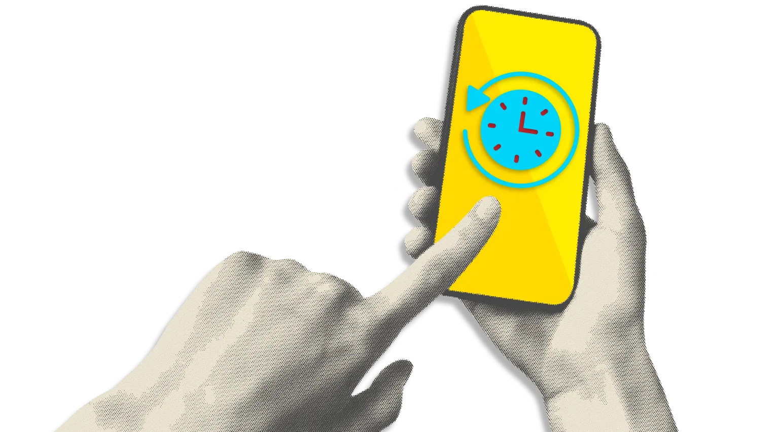 Un doigt appuie sur l’écran d’un téléphone cellulaire. Sur l’écran, il y a une horloge autour de laquelle il y a une flèche montrant le sens inverse des aiguilles d’une montre.