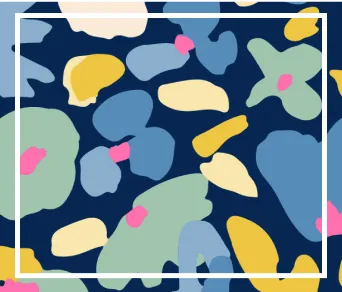 Peinture abstraite dont les taches bleues, vertes, jaunes et roses représentent des fleurs.