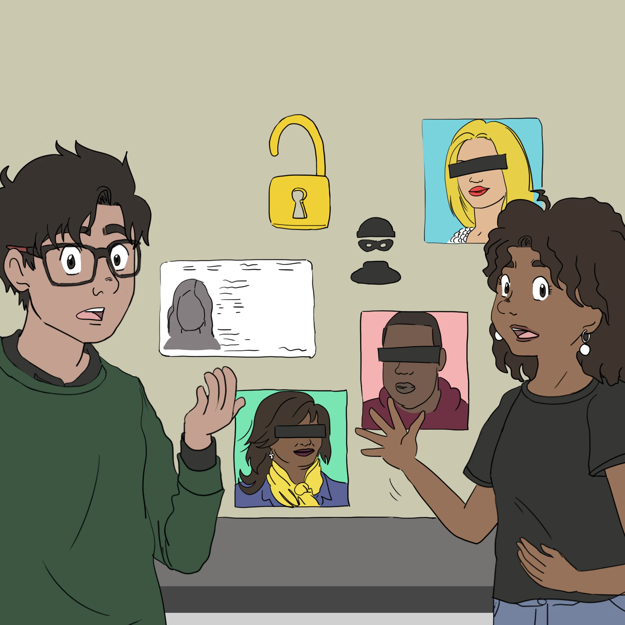 Asha et Malik expliquent une diapositive. Celle-ci a pour titre « DOXXING ». Elle comporte un cadenas ouvert, une illustration de voleur, une carte d’identité et les photos de trois personnes dont les yeux sont cachés.