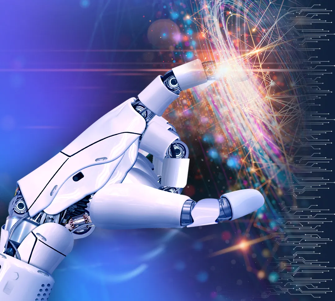 Une main robotisée dont un doigt touche un tourbillon coloré représentant des réseaux multiples et des données.