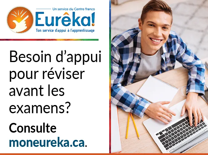 Pour obtenir de l’aide aux devoirs gratuitement par clavardage, rends-toi sur le site « Mon eurêka point C A ». « Mon eurêka » est écrit en un seul mot.