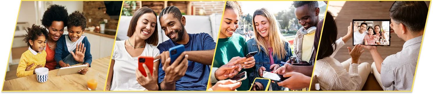 Quatre photos :  Une femme et deux enfants à table consultent une tablette. Deux jeunes sourient en regardant leur téléphone. Un groupe de jeunes rit en consultant leur téléphone. Deux personnes regardent une tablette.